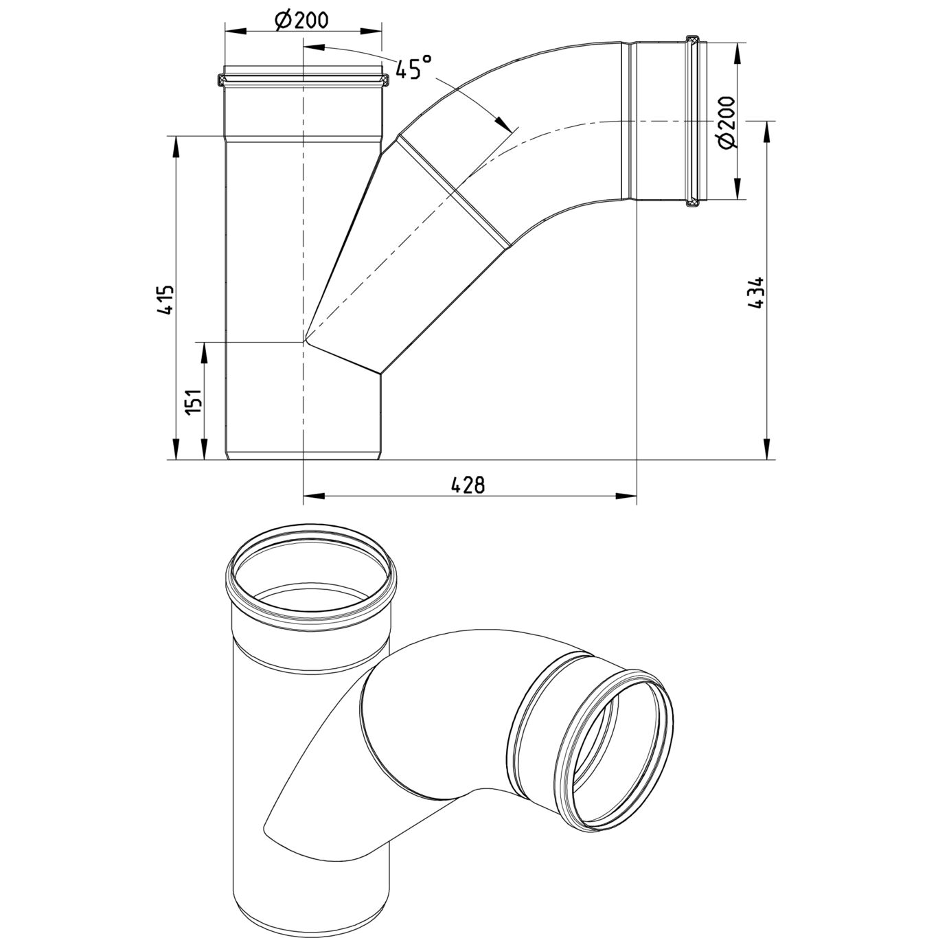 Line Drawing - Swept branch-87.5-long bend