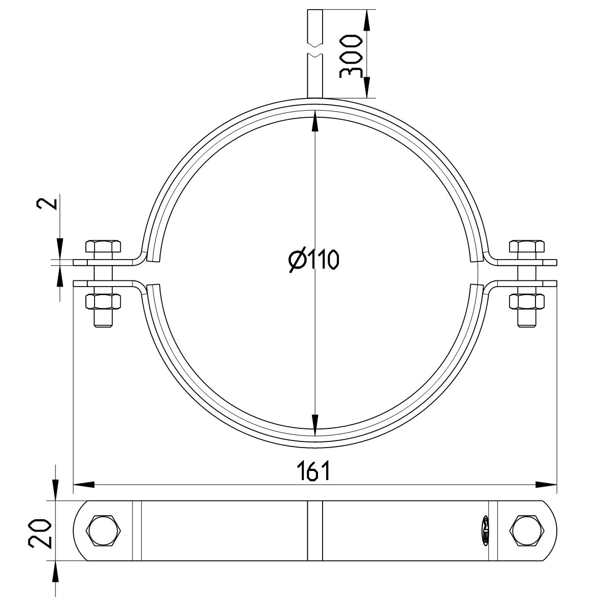 Line Drawing - Pipe hanger-EPDM-300mm rod